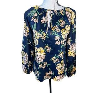 Jessica Simpson Blue Floral Blouse Size S Keyhole Neckline Cutout Accent